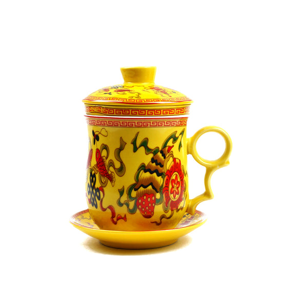 Yellow Chinese Tea Cup With Lid And Saucer